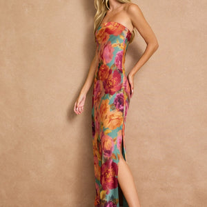 Floral Strapless Bias Cut Maxi Dress