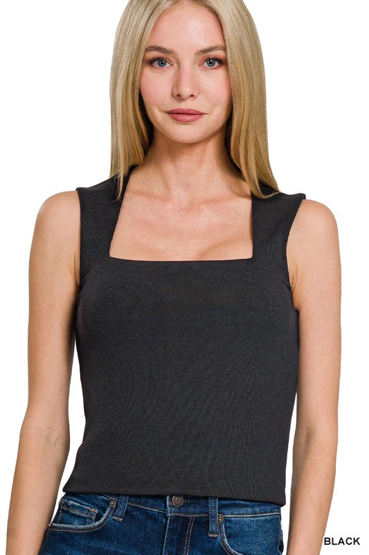 RIBBED SEAMLESS DOUBLE LAYERED SQUARE NECK TANK, 3 COLORS