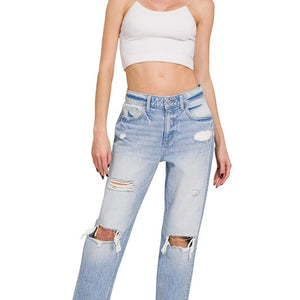 HIGH-RISE DISTRESSED STRAIGHT LEG DENIM