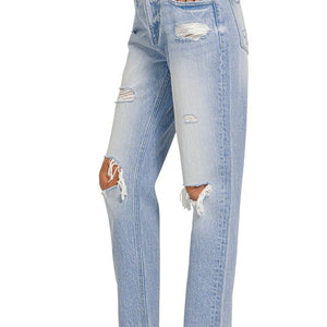 HIGH-RISE DISTRESSED STRAIGHT LEG DENIM