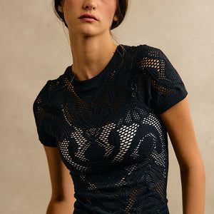 Black Floral Perforated Seamless Active Short Sleeve Top