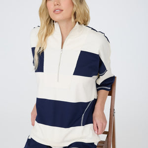 Navy Wide Stripe Half Zip Short Sleeve Knit Top