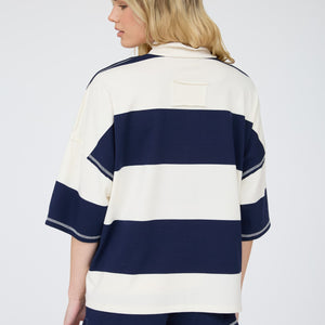 Navy Wide Stripe Half Zip Short Sleeve Knit Top