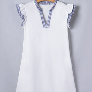 White Stripe Patchwork Split Neck Ruffle Trim Sleeveless Dress