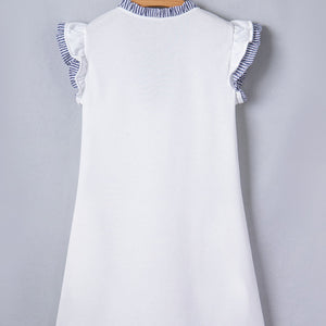 White Stripe Patchwork Split Neck Ruffle Trim Sleeveless Dress