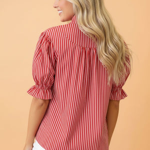 Red Stripe Ruffle Puff Sleeve Button Front Blouse