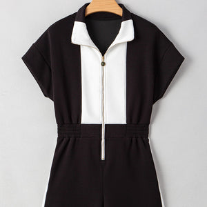 Black Zip Front Collared Short Sleeve Romper