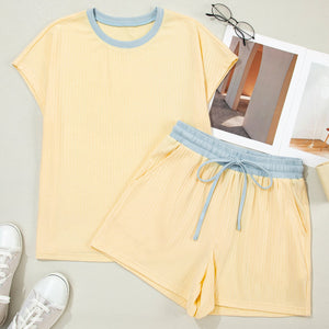Yellow Colorblock Trim Ribbed Top & Shorts Set