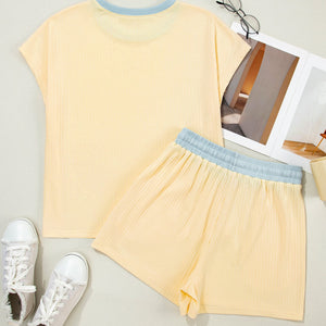 Yellow Colorblock Trim Ribbed Top & Shorts Set
