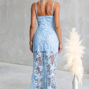 Blue Sheer Lace Maxi Dress
