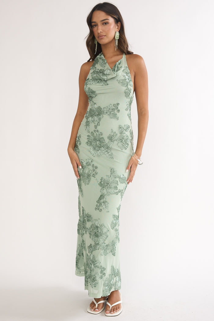 Sage Cowl Neck Floral Embroidery Maxi Dress