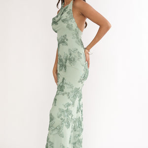Sage Cowl Neck Floral Embroidery Maxi Dress
