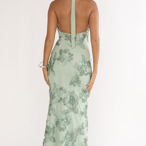 Sage Cowl Neck Floral Embroidery Maxi Dress