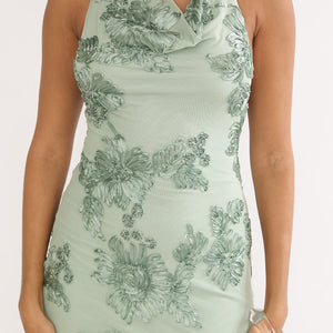 Sage Cowl Neck Floral Embroidery Maxi Dress