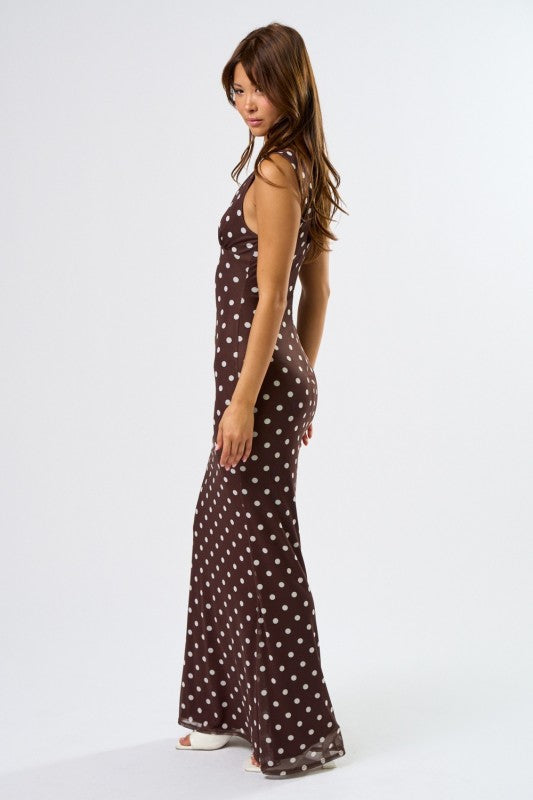 Brown Chic Mesh Polka Dot Maxi Dress