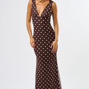 Brown Chic Mesh Polka Dot Maxi Dress