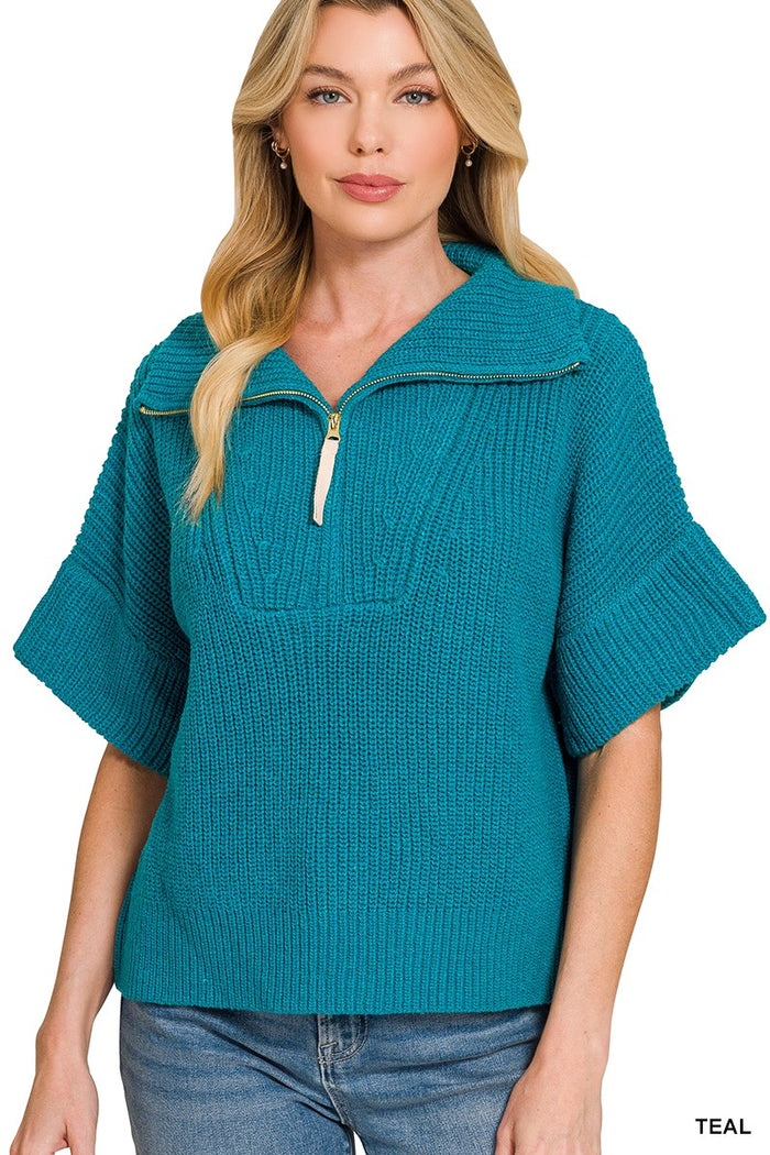 Teal Half Zip High Neck Short Sleeve Sweater