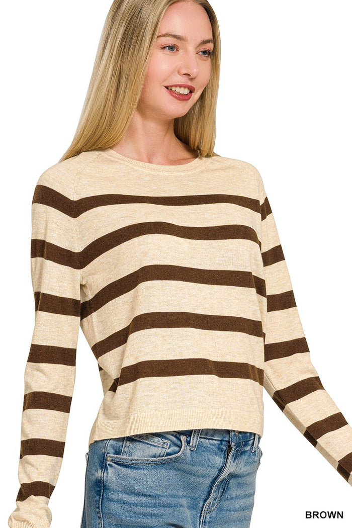 Lightweight Wool Blend Striped Round Neck Sweater