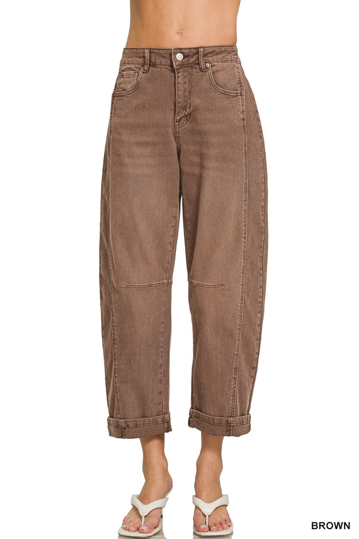 Brown Barrel-leg Cropped Color Denim Pants
