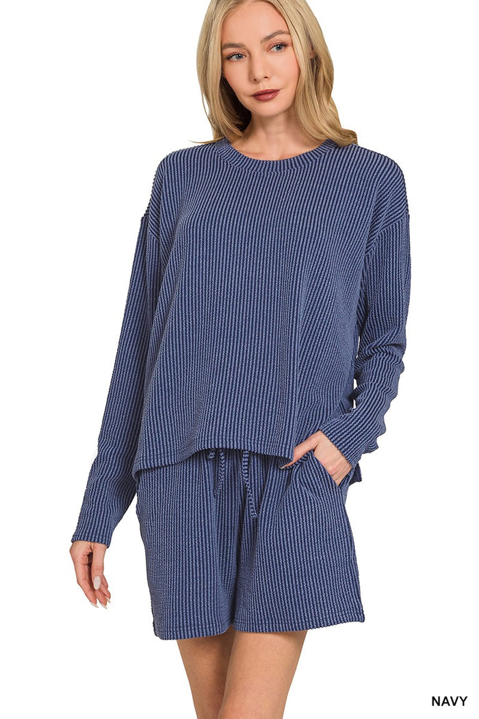 Navy Raised Rib Long Sleeve Tee & Shorts Set