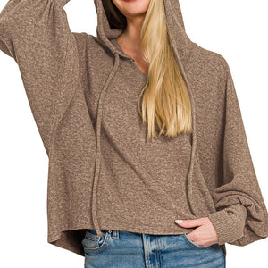 Mocha Soft Brushed Hacci Cropped Balloon Sleeve Hoodie