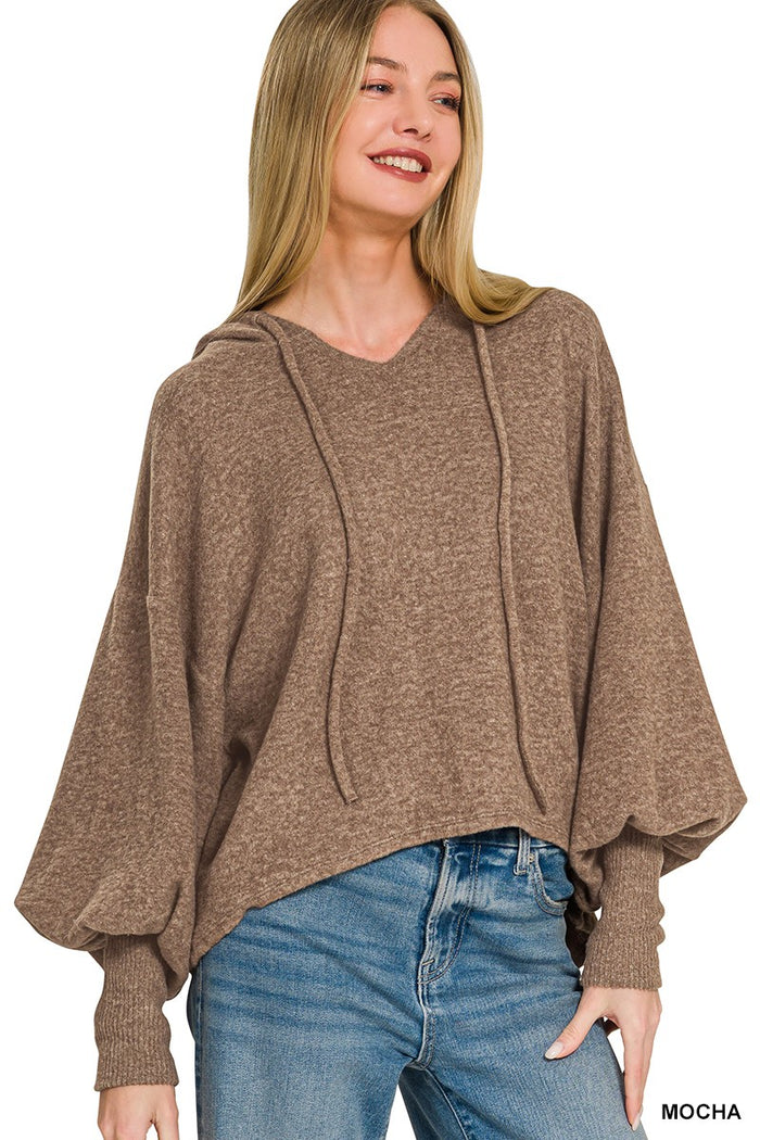 Mocha Soft Brushed Hacci Cropped Balloon Sleeve Hoodie