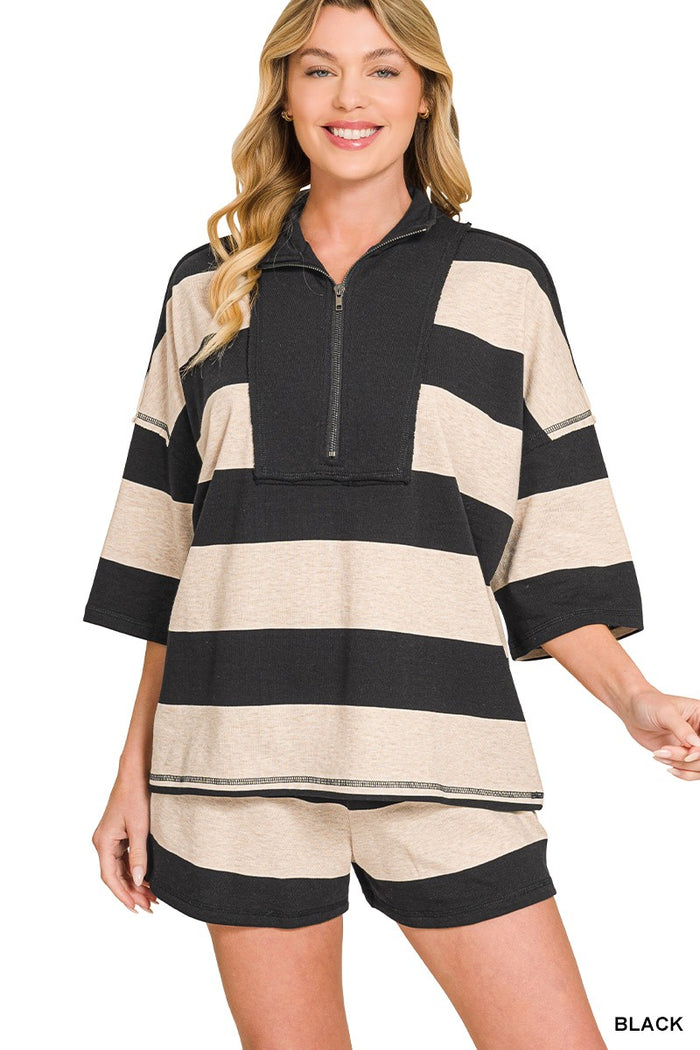 Black/taupe Striped Half Zip High Neck Top & Shorts Set