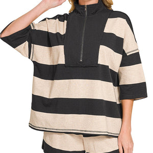 Black/taupe Striped Half Zip High Neck Top & Shorts Set