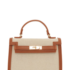 Tan Canvas Leather Crossbody Bag With Top Handle, 2 colors