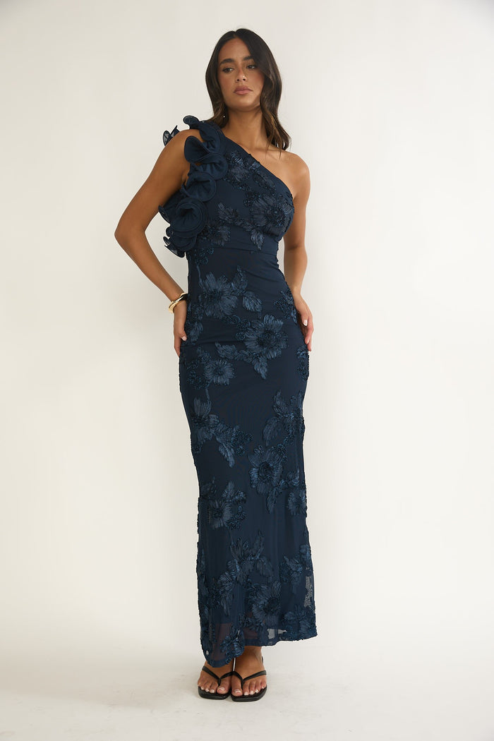 Navy One Shoulder Floral Maxi Dress