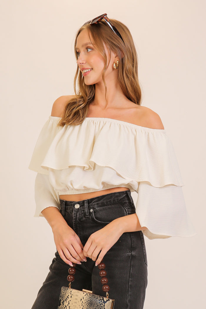 Cream Romantic Ruffle Off-shoulder Top