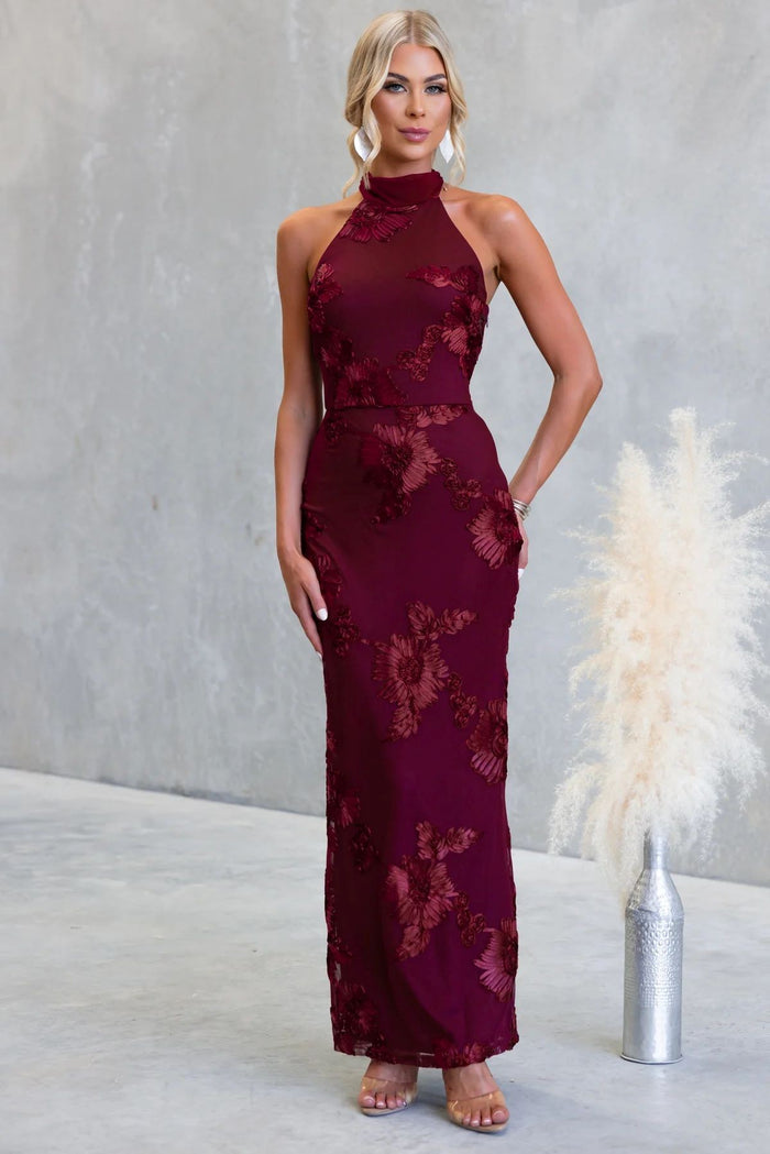 Wine Sleeveless Floral High Neck Midi Dress