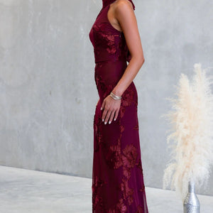 Wine Sleeveless Floral High Neck Midi Dress