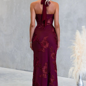 Wine Sleeveless Floral High Neck Midi Dress