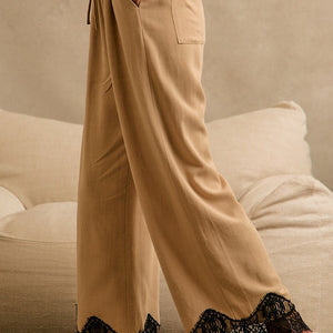 Linen Blend Lace Trim Banding Waist Pants