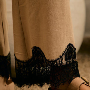 Linen Blend Lace Trim Banding Waist Pants