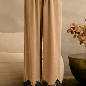 Linen Blend Lace Trim Banding Waist Pants