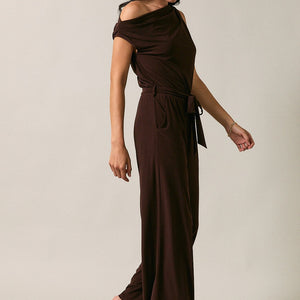 Brown Asymmetric Neck One Shoulder Jumpsuit