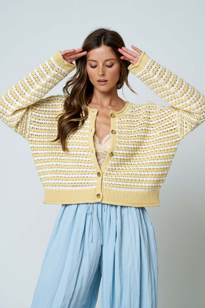 Butter yellow Stripe Crochet Knit Cardigan