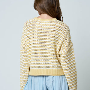 Butter yellow Stripe Crochet Knit Cardigan
