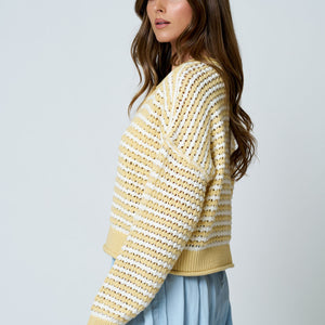 Butter yellow Stripe Crochet Knit Cardigan