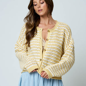 Butter yellow Stripe Crochet Knit Cardigan