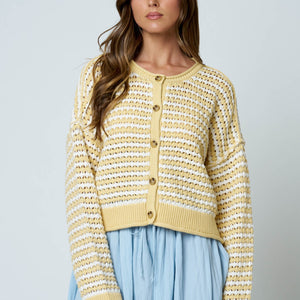 Butter yellow Stripe Crochet Knit Cardigan