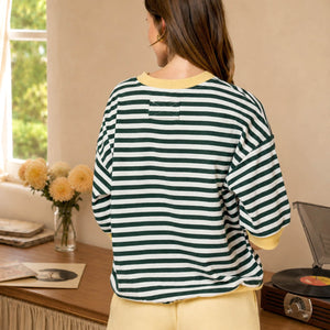 Green Colorblock yellow Trim Stripe Drop Sleeve Knit Top