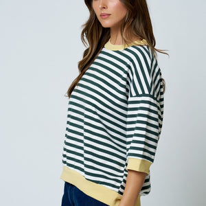 Green Colorblock yellow Trim Stripe Drop Sleeve Knit Top