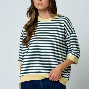 Green Colorblock yellow Trim Stripe Drop Sleeve Knit Top