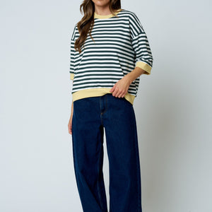 Green Colorblock yellow Trim Stripe Drop Sleeve Knit Top