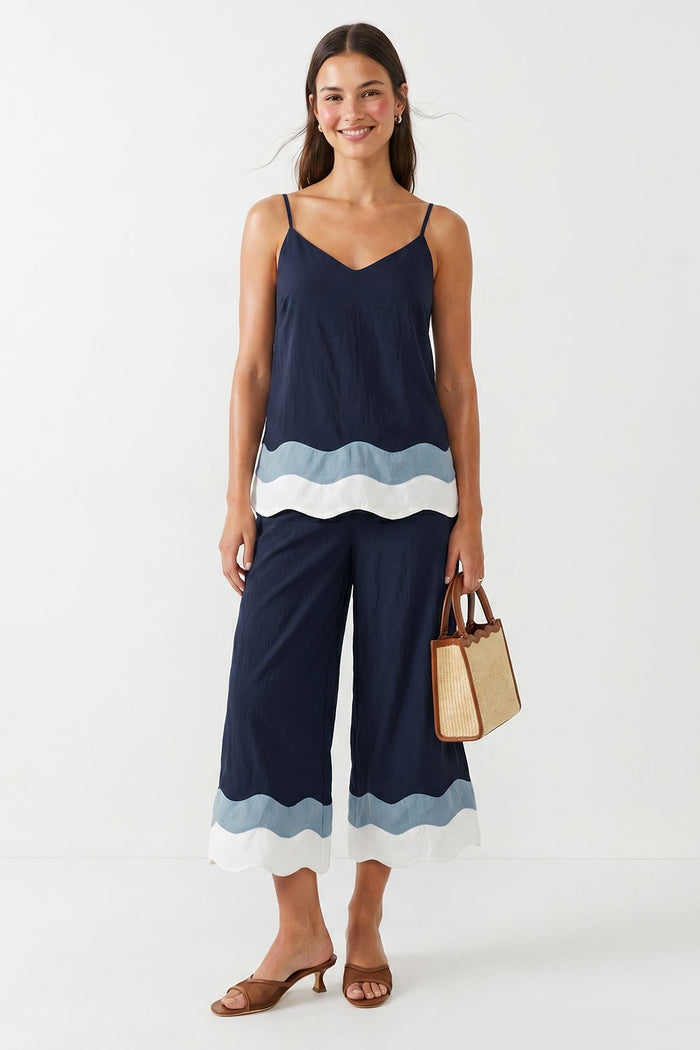 Navy Wavy Colorblock Wide Leg Pants Set