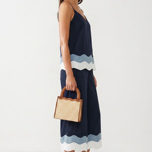 Navy Wavy Colorblock Wide Leg Pants Set