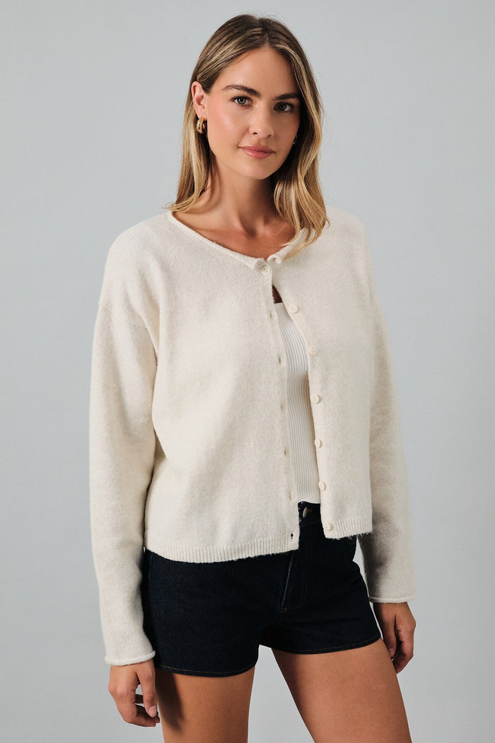 Rolled Up Neck Button Down Sweater Cardigan Top